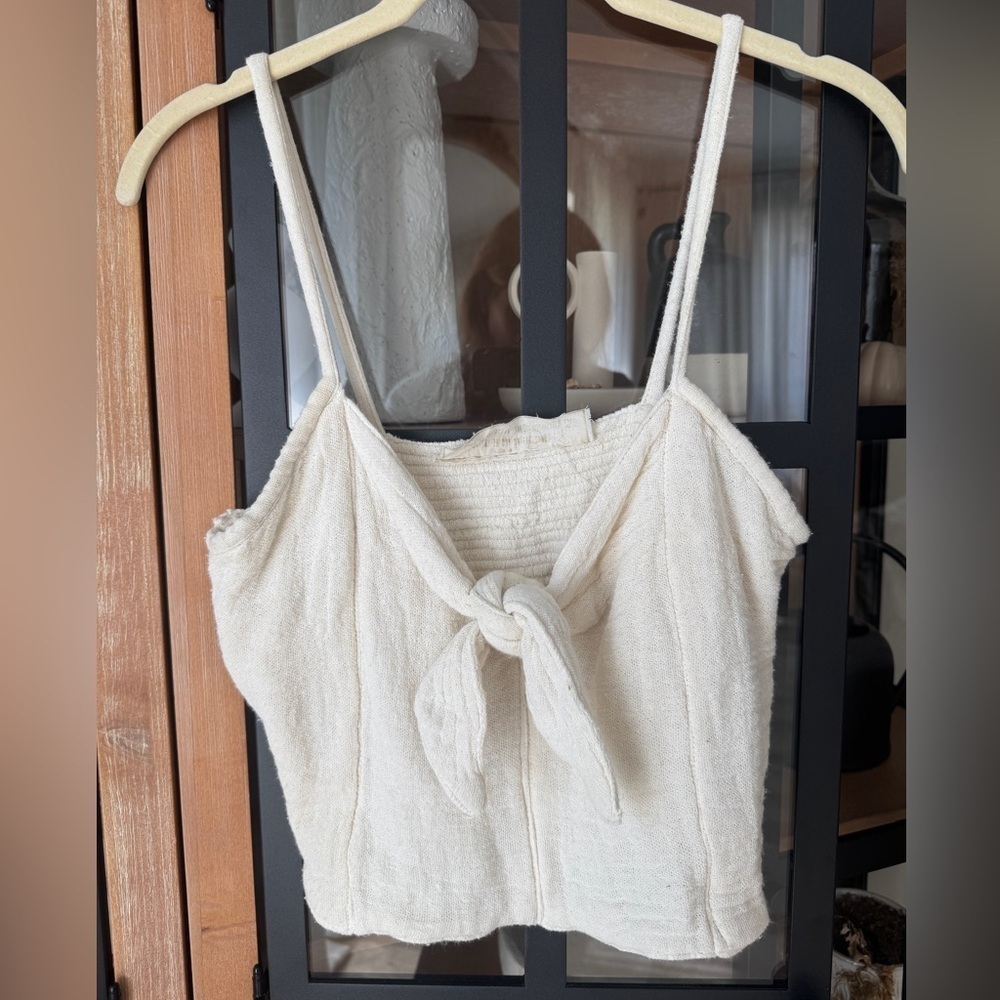 Jen's Pirate Booty cropped top Gauze Cream Tie Front tank knot bow cotton beige